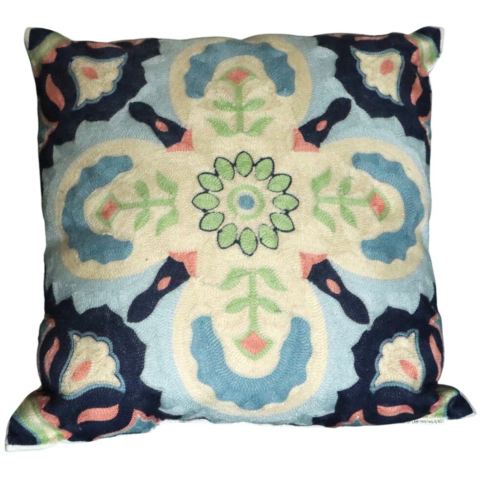 Moroccan Talavera Needlepoint Embroidered Pillow Large 17x17 Square Blue Pink